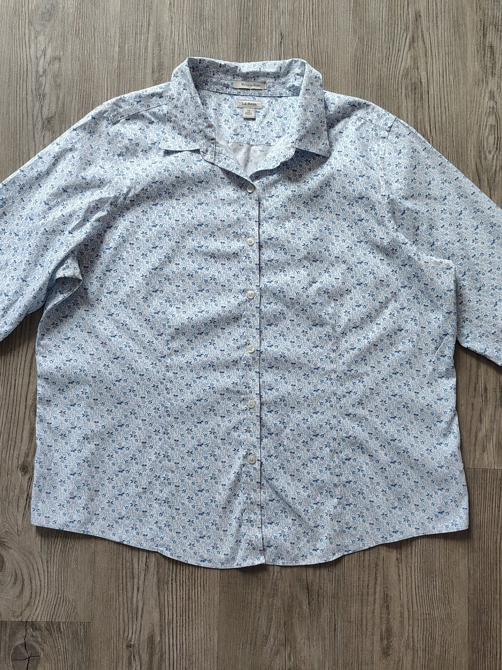 L.L. Bean Wrinkle-Free Women 1X Blue Floral 3/4 Sleeve Oxford Button Down Blouse